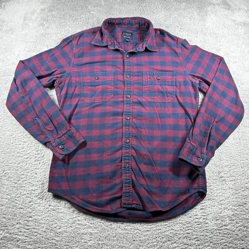 J.Crew Flannel Shirt Mens Medium Red Blue Mid Weight Button Up Long Sleeve‎